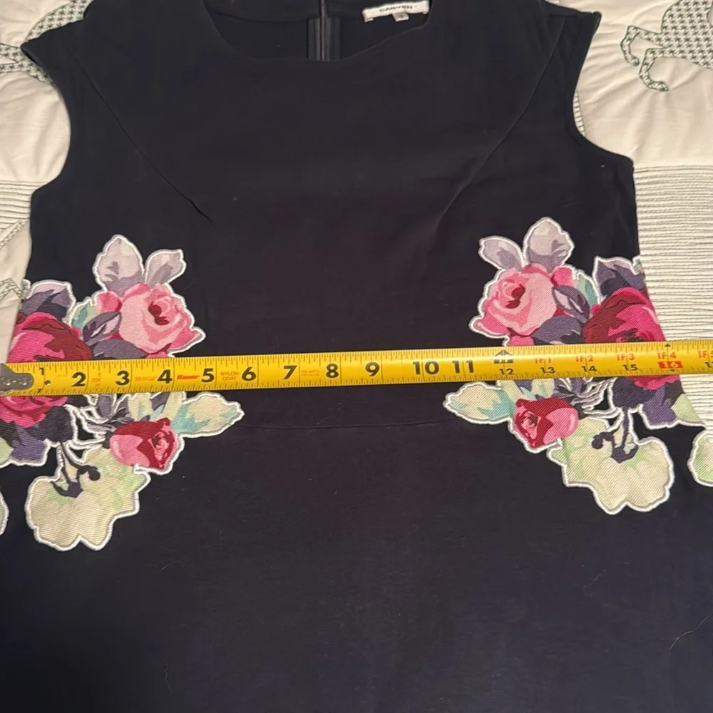 Carven Navy Dress with Pink Floral Accents-A Line-Pockets-Size S